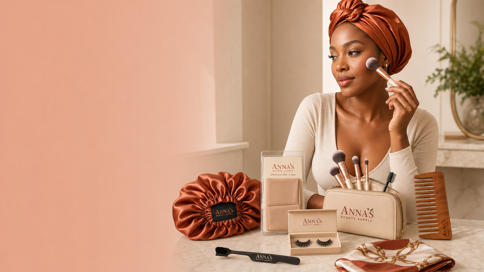 Anna's Beauty Supply hero — model with beauty essentials