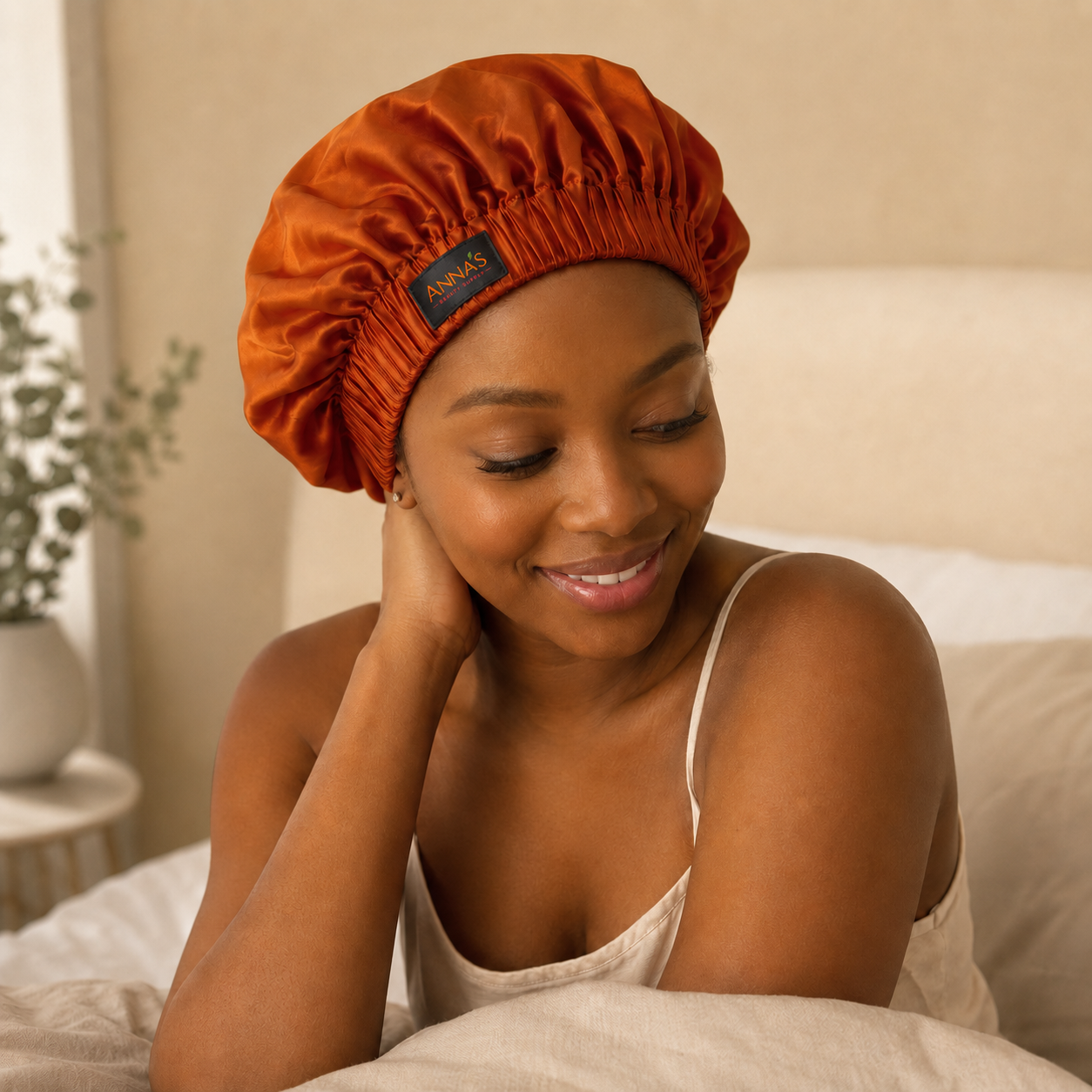 Anna's Satin Sleep Bonnet — worn by model